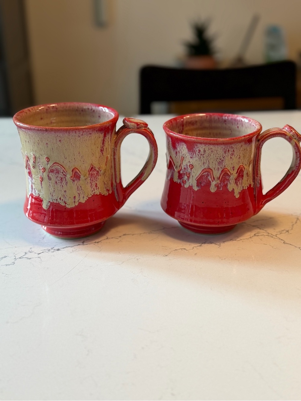 Richard Zimmermann Red and Cream Drip-Glaze Ceramic Mugs - Pair